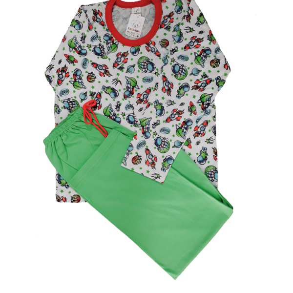 0367 Pijama Branco com Astronaves e Calça Verde 12